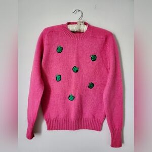 Vintage 80’s  Point of View Shetland Wool Sweater W/Frog  Appliqué In Pink Sz 38